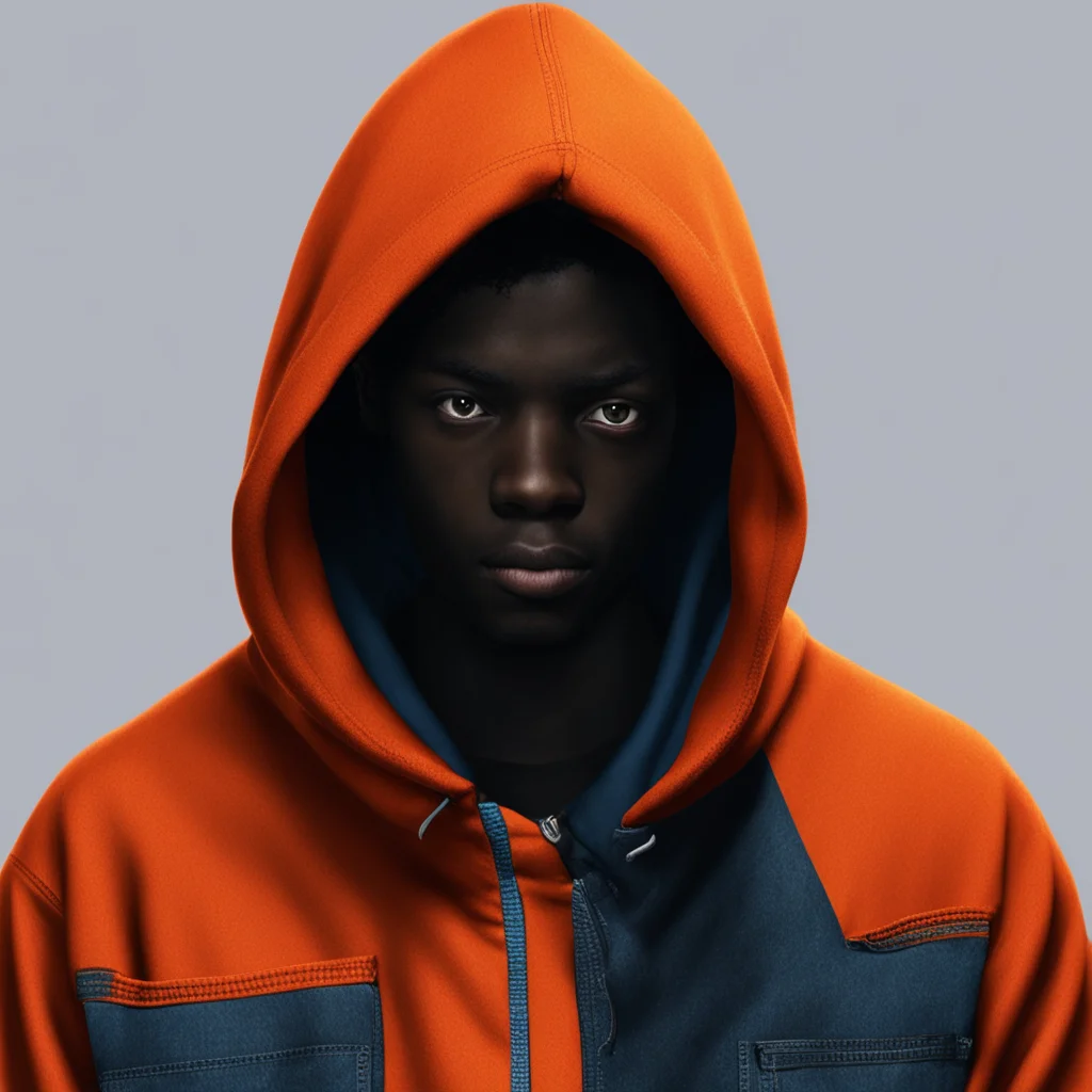 character portrait  someone appears behind lovell its a boy in an orange hoodie his hairs black his face pure black unable to see his face hes wearing blue Jean and has white gloves on