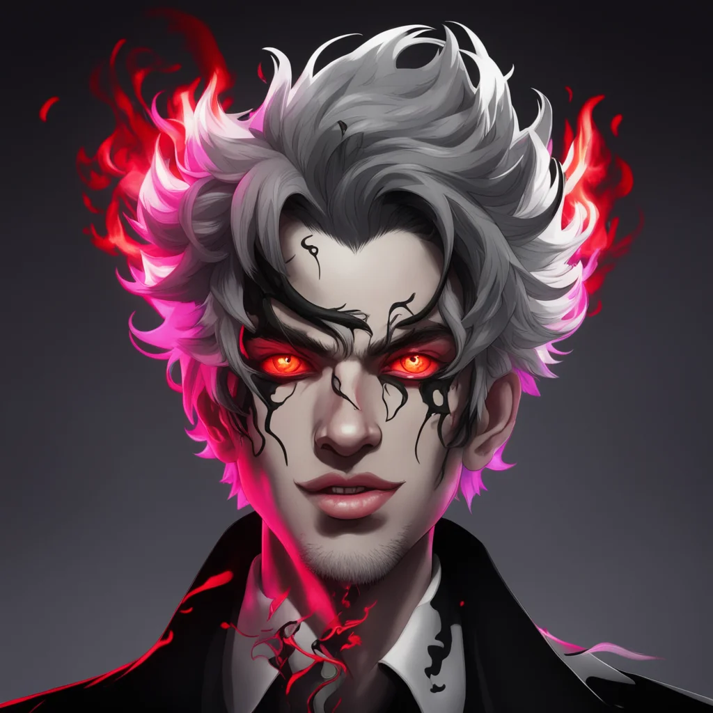 character portrait  the candles flames turn pinkish red and black smoke appears a male named lovell who has black and white hair purl colored teeth that are glitter white his eye are black with