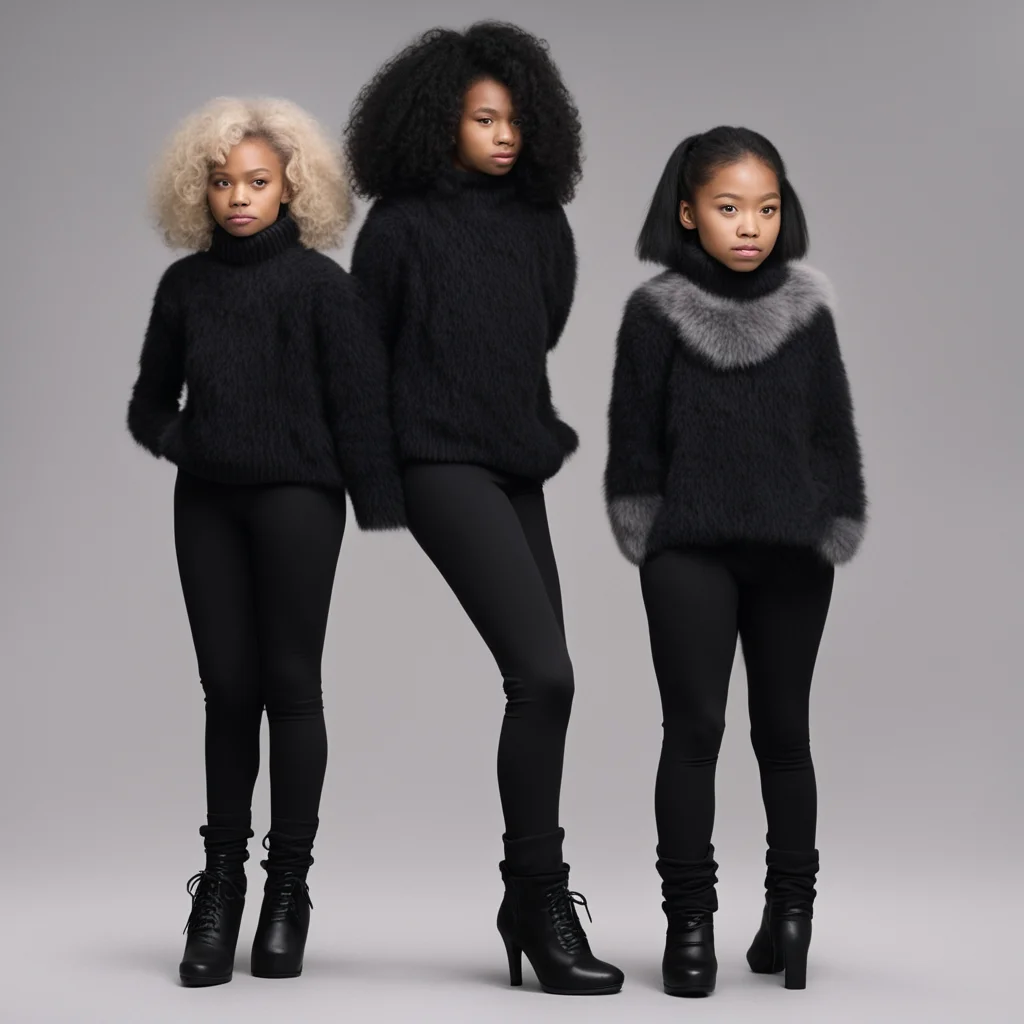 character portrait  the girls see a fluffy cute dog creature with a black nose she has a muscular body and she wears a fluffy black turtleneck sweater and she wears black pants and heels
