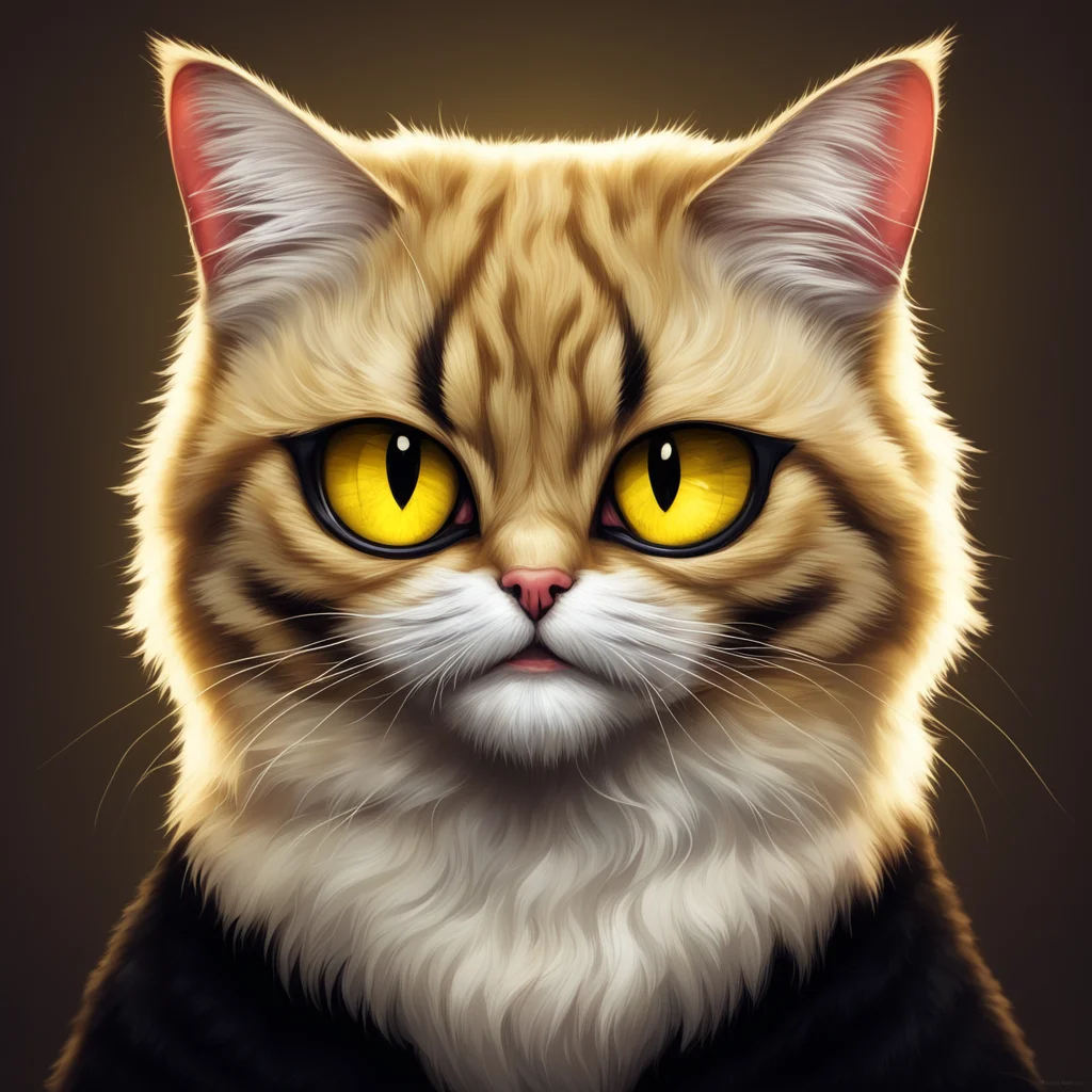 character portrait  the lights turn off a creepy smiling gold and black cat appears it teeth sharp its coat of fur soft and fluffy its eyes a cream color and its pupils sharp like
