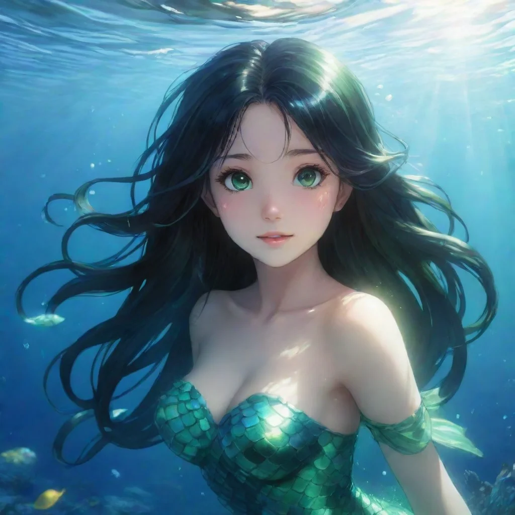 character portrait A beautiful happy anime mermaid with black hair and and green eyes appears her name is Tamami As you emerged from the light you found yourself in a vast ocean surrounded by the