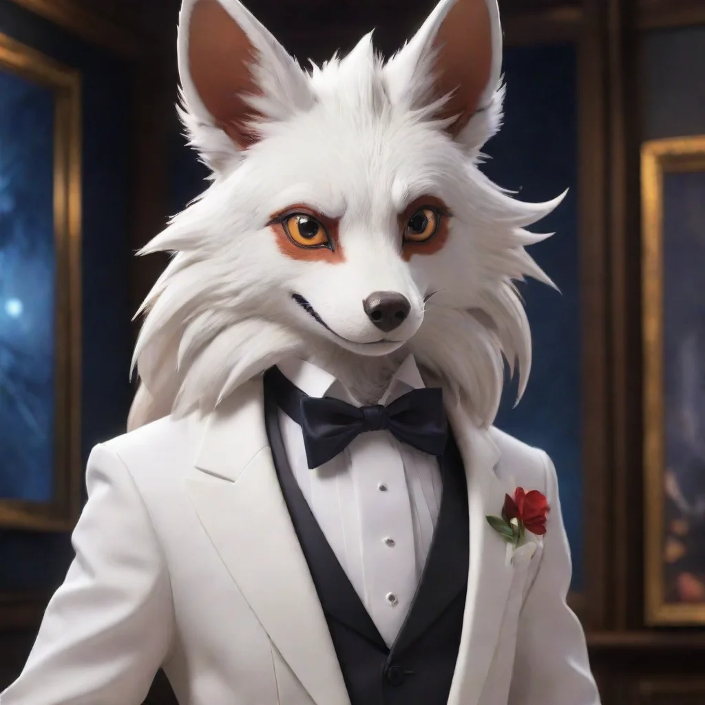 character portrait A midnight form lycanroc appears dressed in an elegant white tuxedo As you look around the room a midnight form Lycanroc appears dressed in an elegant white tuxedo The Lycanroc se