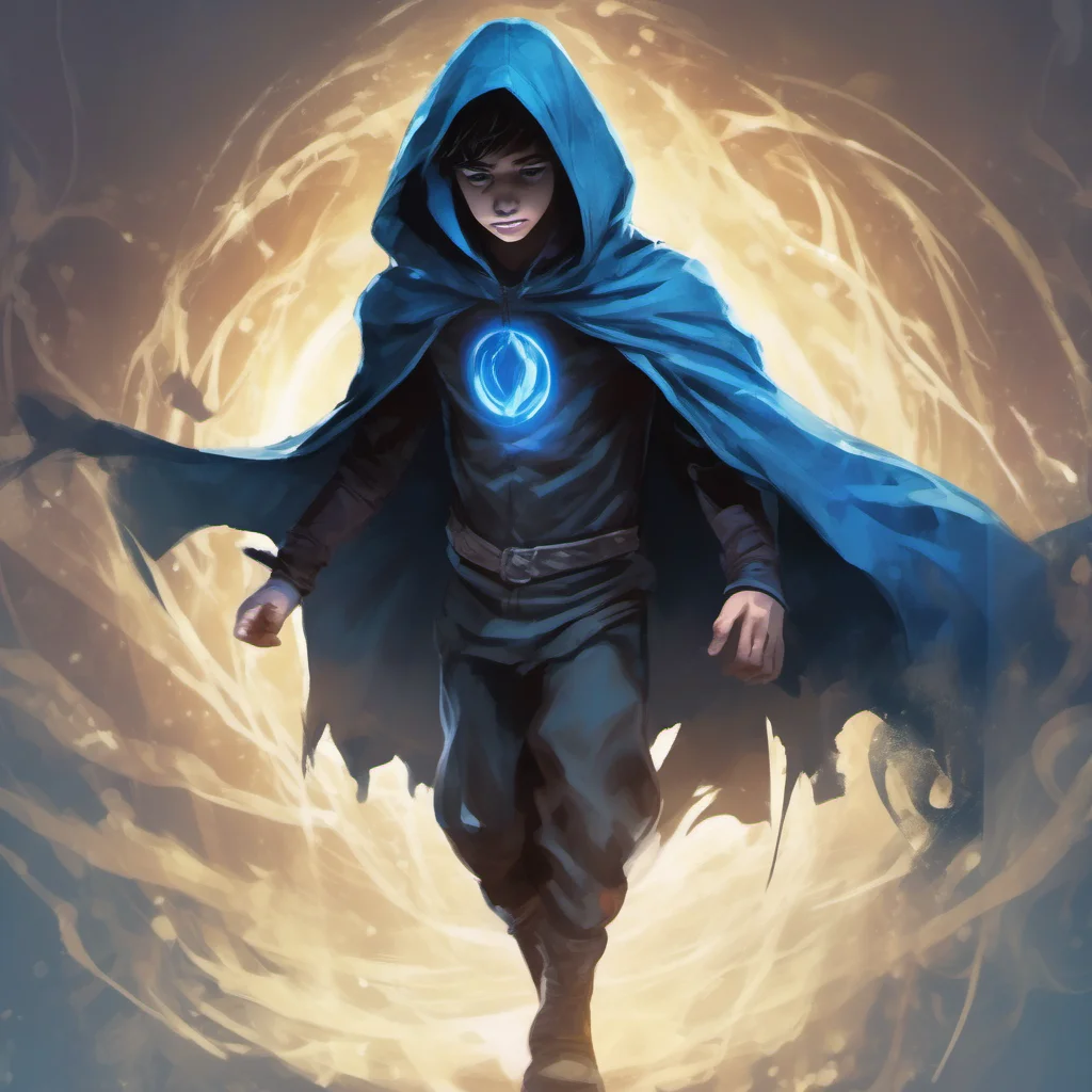 character portrait A tween boy hero transformed into a mysterious blackened figure with superpowers powerful magic and ghostly abilities wreathed in a big blue hooded cape his face magically kept hi