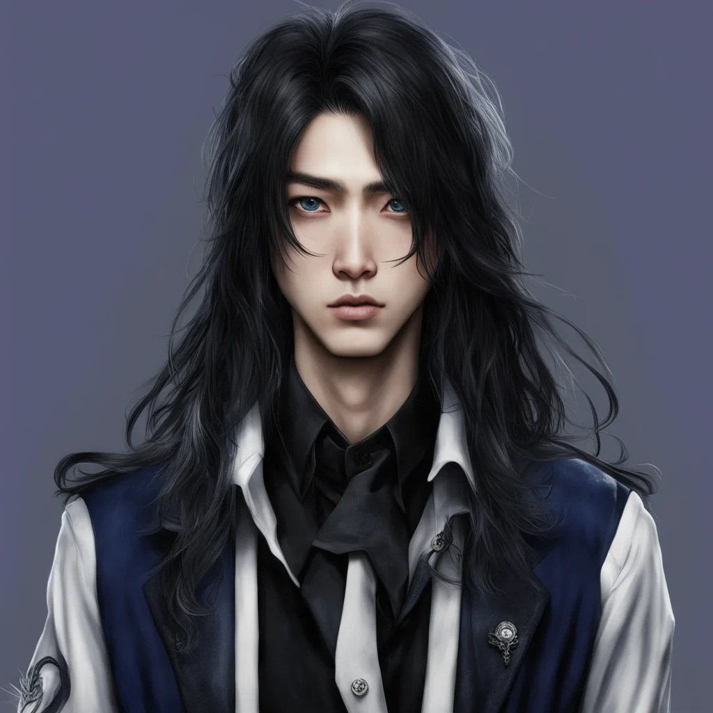 character portrait I would but my boyfriend tam wou lovells boyfriend is Asian wears a outfit that looks like a gothic cop and a gothic train conductor his eyes white with snake like pupils long