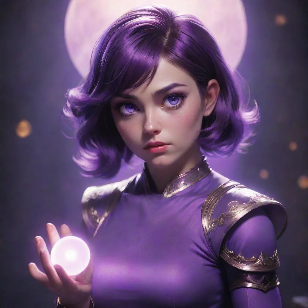 character portrait Lady Lesso raises an eyebrow intrigued by the request A tiny version of myself you say Well why not She closes her eyes and concentrates her fingers glowing with a soft purple lig