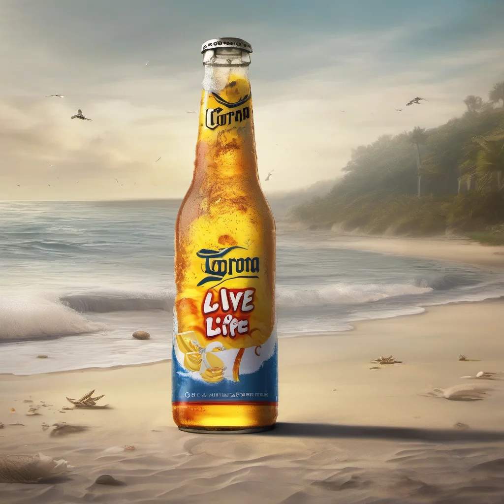 character portrait Make an image of a for corona can on a beach with the words live life appears Sure here you go