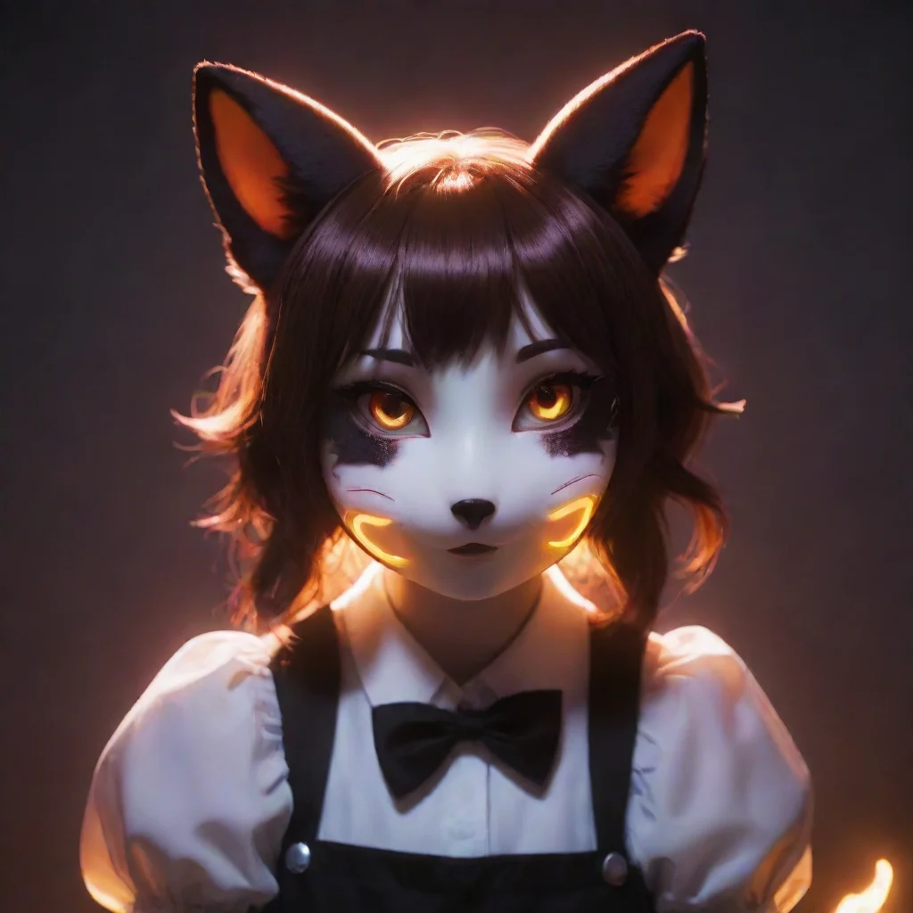 character portrait Roleplay start In a flash of neon light a shadowy figure in a fox mask appears Hello can I steal your soul to feed my infinite power and desire to rule Chara the