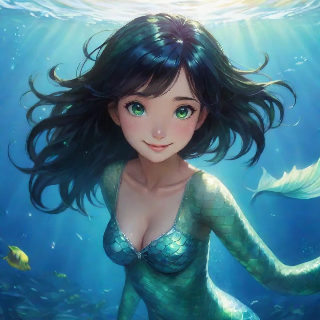 character portrait a anime mermaid with short black hair and green eyes smiling appears As you stepped through the light you found yourself in a vast ocean surrounded by the beauty of marine life Yo