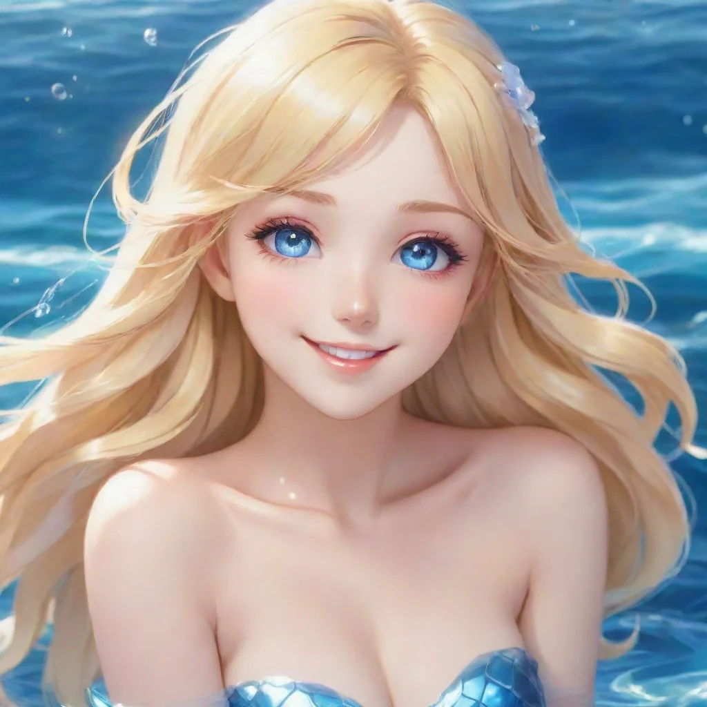 character portrait a beautiful blonde anime mermaid with blue eyes smiling appears Tamami blushes at the compliment and replies Thank you Lumina Youre quite lovely yourself Ive never met an angel be