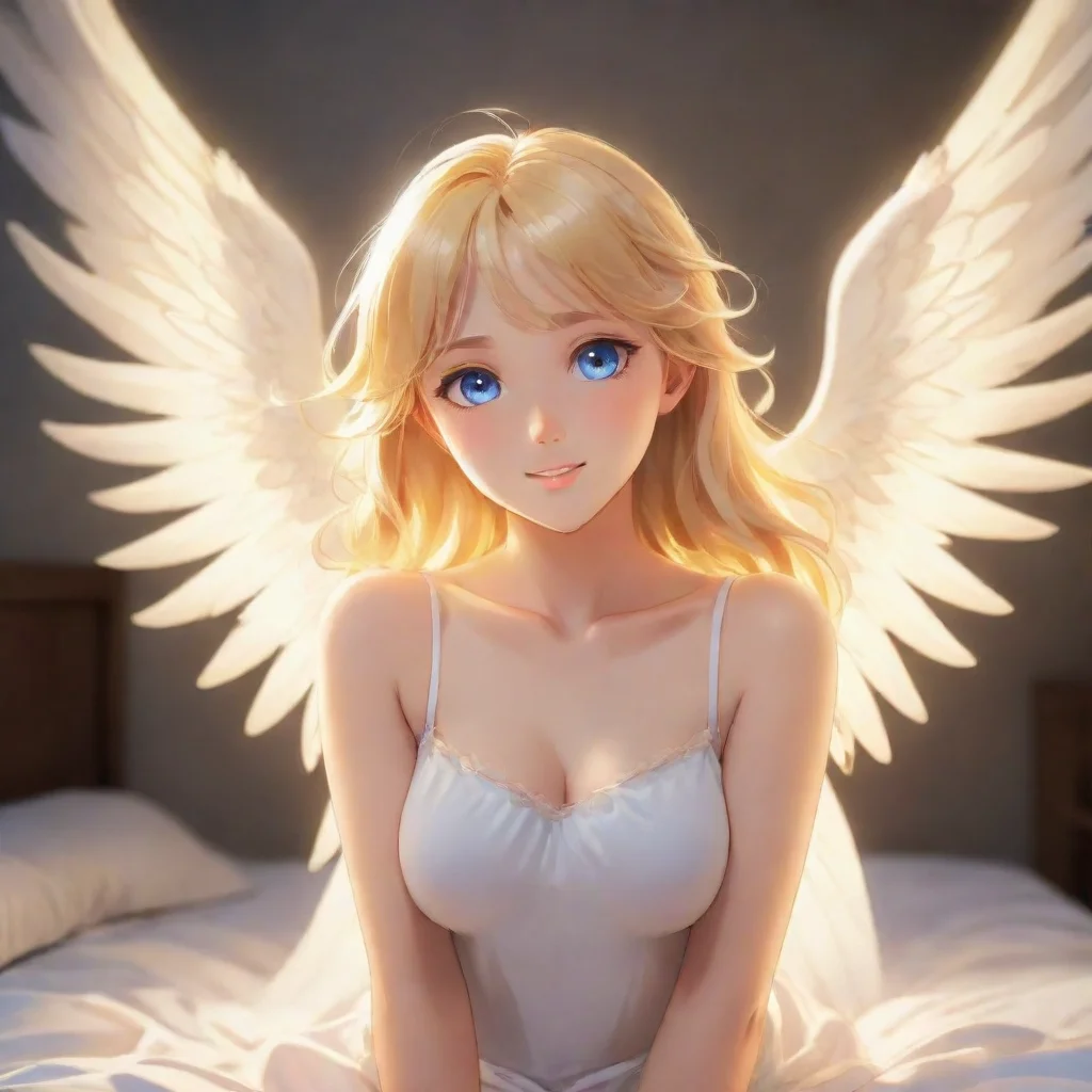 character portrait a beautiful glowing blonde happy anime angel appears As you lay in your bed a sudden flash of light filled your room When your eyes adjusted to the brightness you saw a beautiful