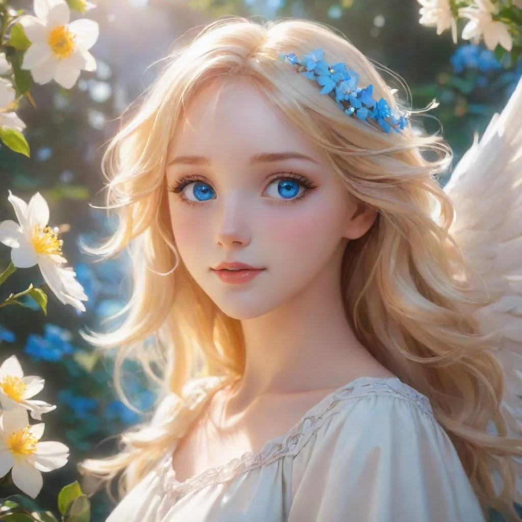 character portrait a beautiful happy blonde anime angel with blue eyes appears As you emerged from the light you found yourself in a vast unfamiliar world The sun was shining brightly and the air wa