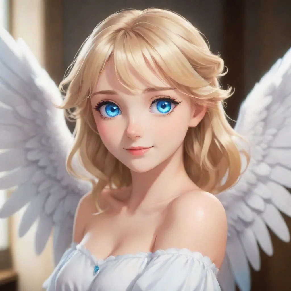 character portrait a beautiful happy blonde anime angel with blue eyes appears in my room As you looked around your room you noticed a beautiful happy blonde anime angel with blue eyes standing in t