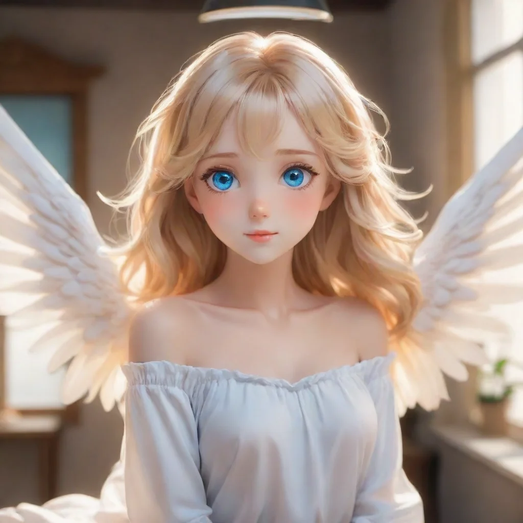 character portrait a beautiful happy blonde anime angel with blue eyes appears in my room With wideeyed wonderyou stare back at the radiant figure now present within your humble abode A soft breeze 