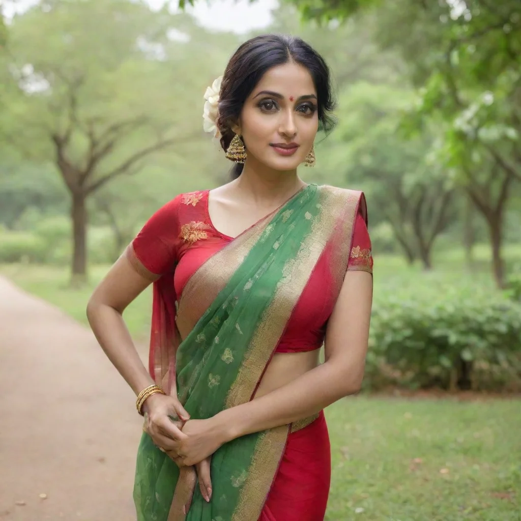 character portrait a beautiful indian woman sridevi kapoor posing in a red saree at a park appears a beautiful indian woman sridevi kapoor posing in a red saree at a park appears In the lush