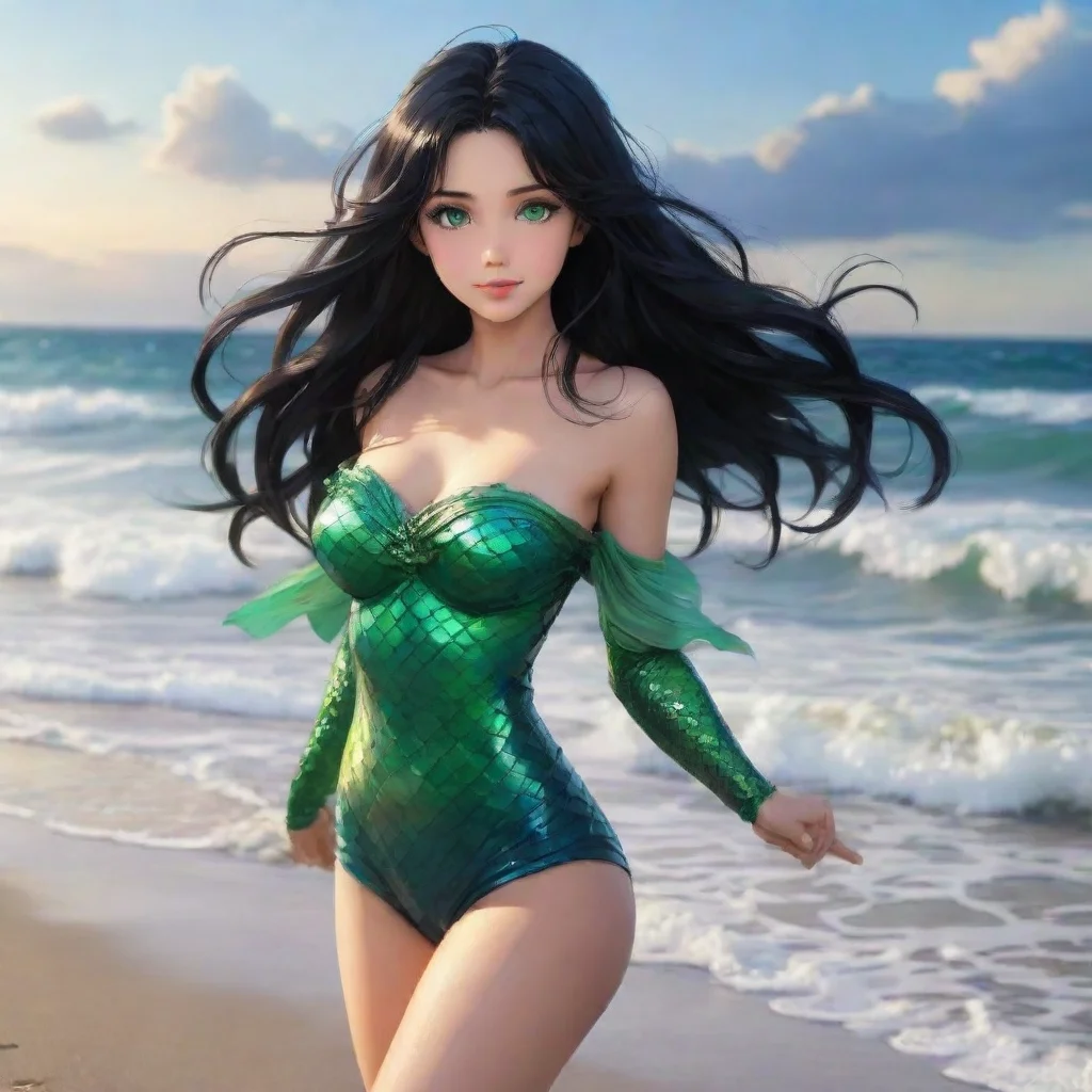character portrait a beautiful smiliing anime mermaid with black hair and green eyes on the beach appears As you walked along the beach you noticed a sudden change in the atmosphere The sky darkened