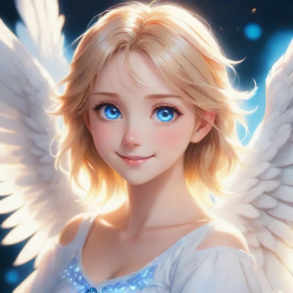 character portrait a beautiful smiling anime angel with blue eyes appears As you stepped out of the light a beautiful smiling anime angel with blue eyes appeared before you She had a gentle aura and