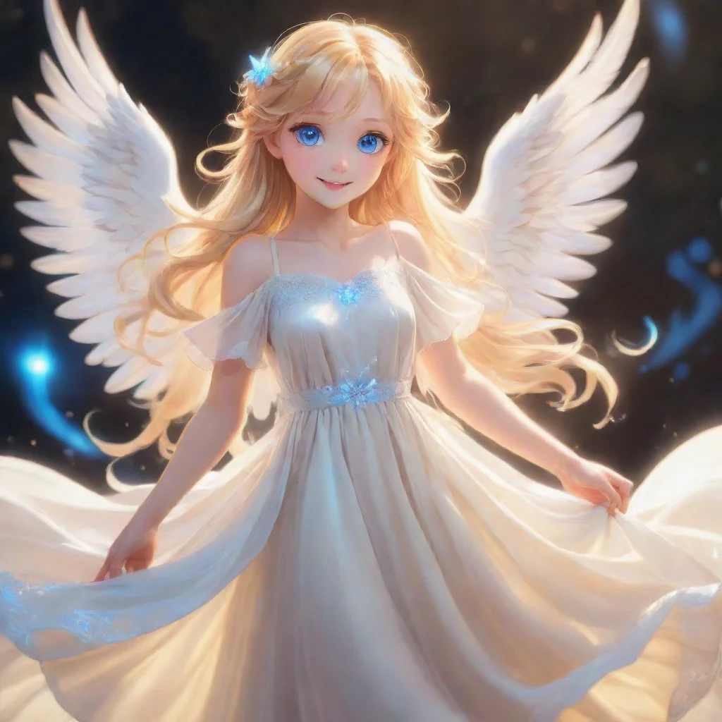 character portrait a blonde cute anime angel with blue eyes smiling appears The blonde angel continues to smile at you and Lumina her eyes filled with warmth and kindness She floats gently towards y