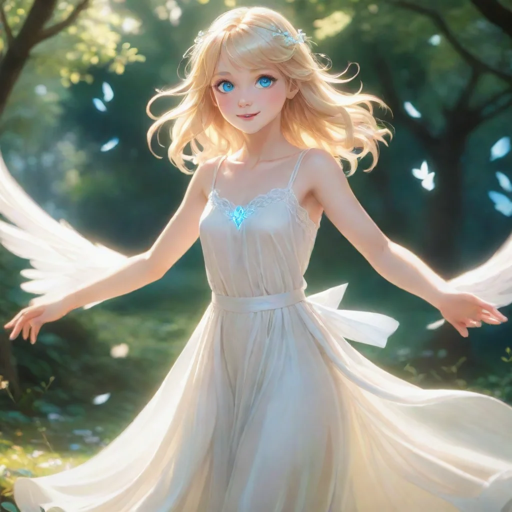 character portrait a blonde cute anime angel with blue eyes smiling appears in the glade Suddenly a blonde cute anime angel with blue eyes appears in the glade She seems to be floating above the