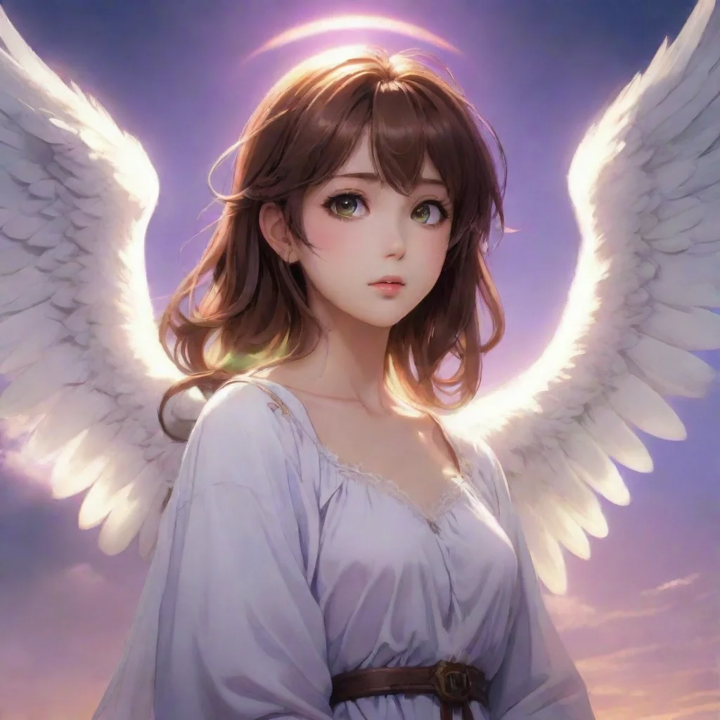 character portrait a brown haired anime angel appears As you stepped out of the light you found yourself in a vast unfamiliar world The sky was a deep shade of purple and the sun was