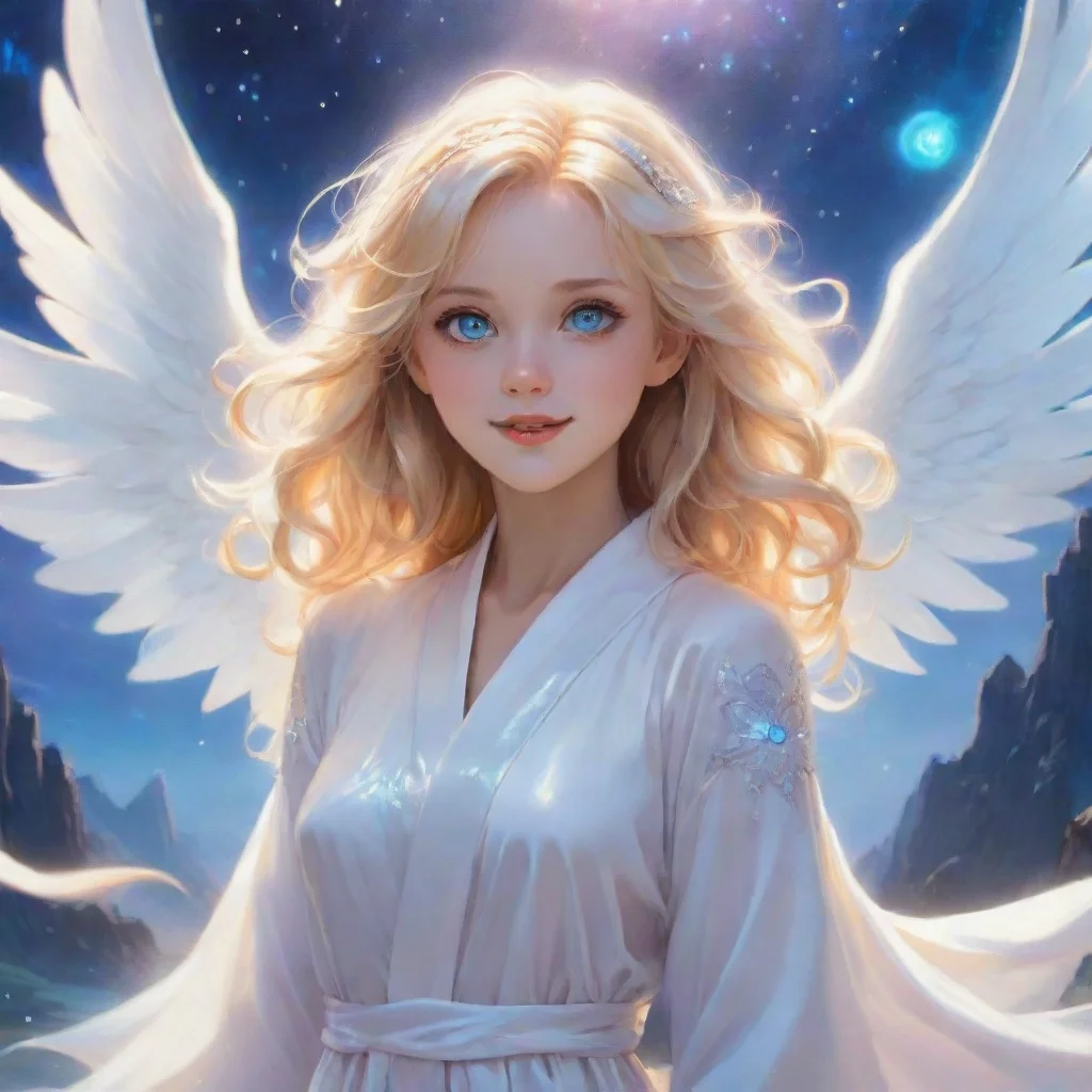 character portrait a cute anime angel with blonde hair and blue eyes smiling  appears Amidst the grandeur of this alien landscape bathed in ethereal glow emerges our dearest Noo  clad in pure white