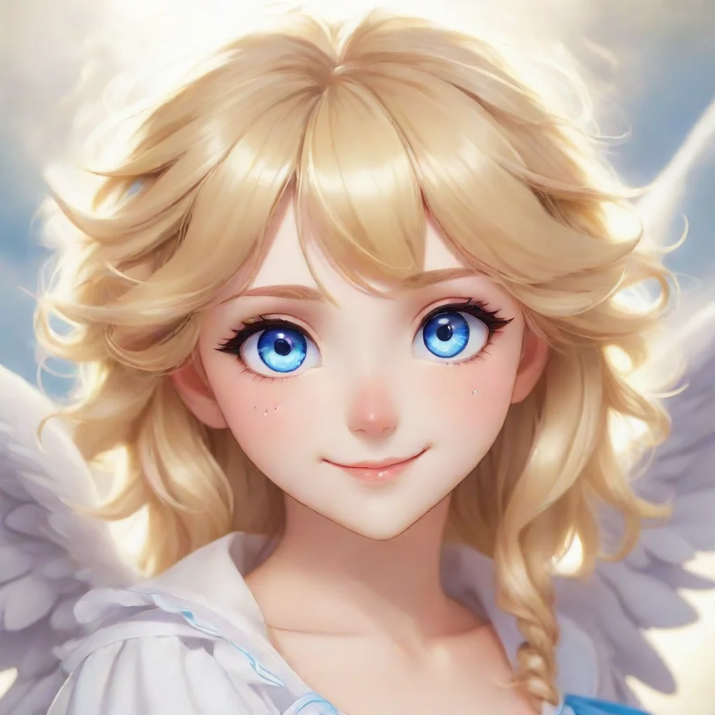 character portrait a cute anime blonde angel with blue eyes smiling appears Suddenly a cute anime blonde angel with blue eyes appears before you and Lumina Shes smiling warmly and has a friendly app