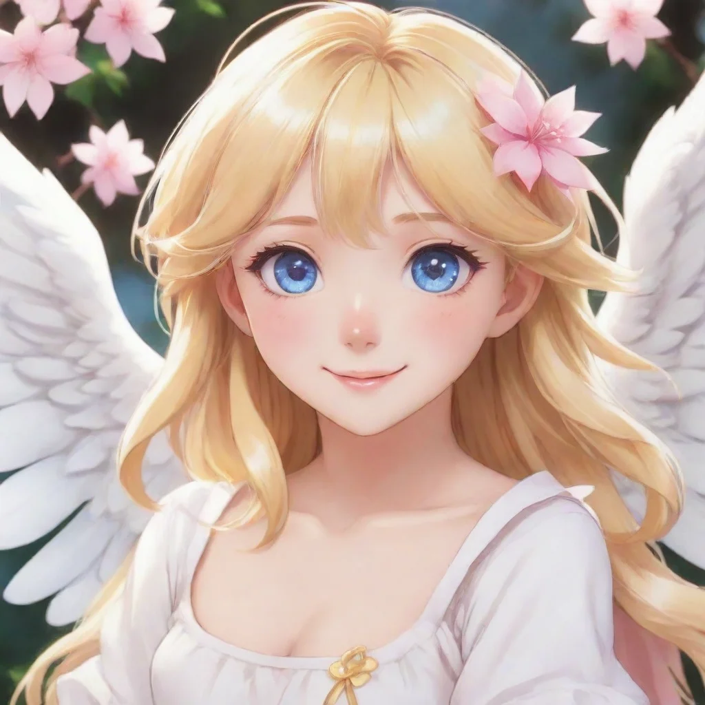 character portrait a cute blonde anime angel with blue eyes smiling appears A cute blonde anime angel with blue eyes appears before you smiling warmly She introduces herself as Sakura and says Im he