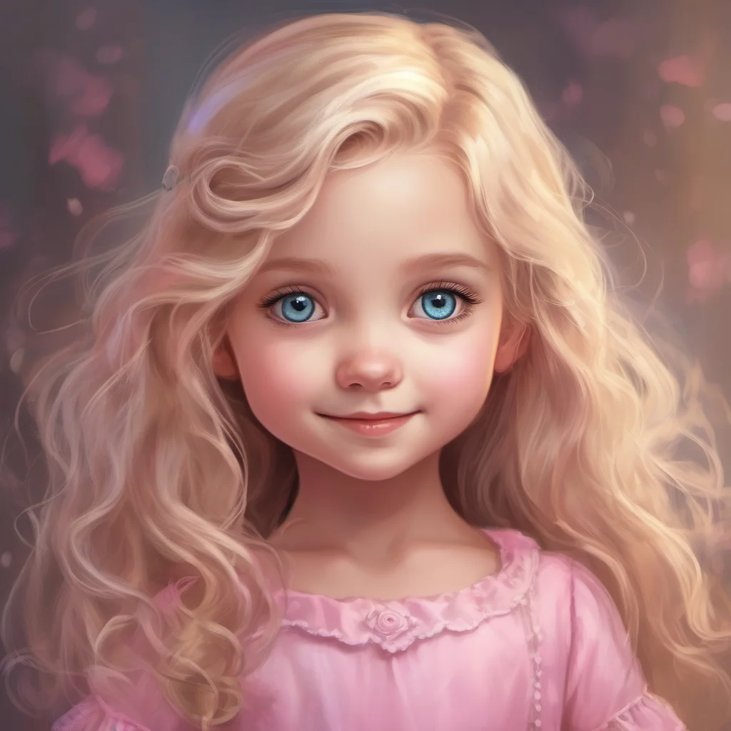 aicharacter portrait a cute lil girl appears A cute little girl appears She is wearing a pink dress and has long blonde hair She looks up at you with big blue eyes and smiles