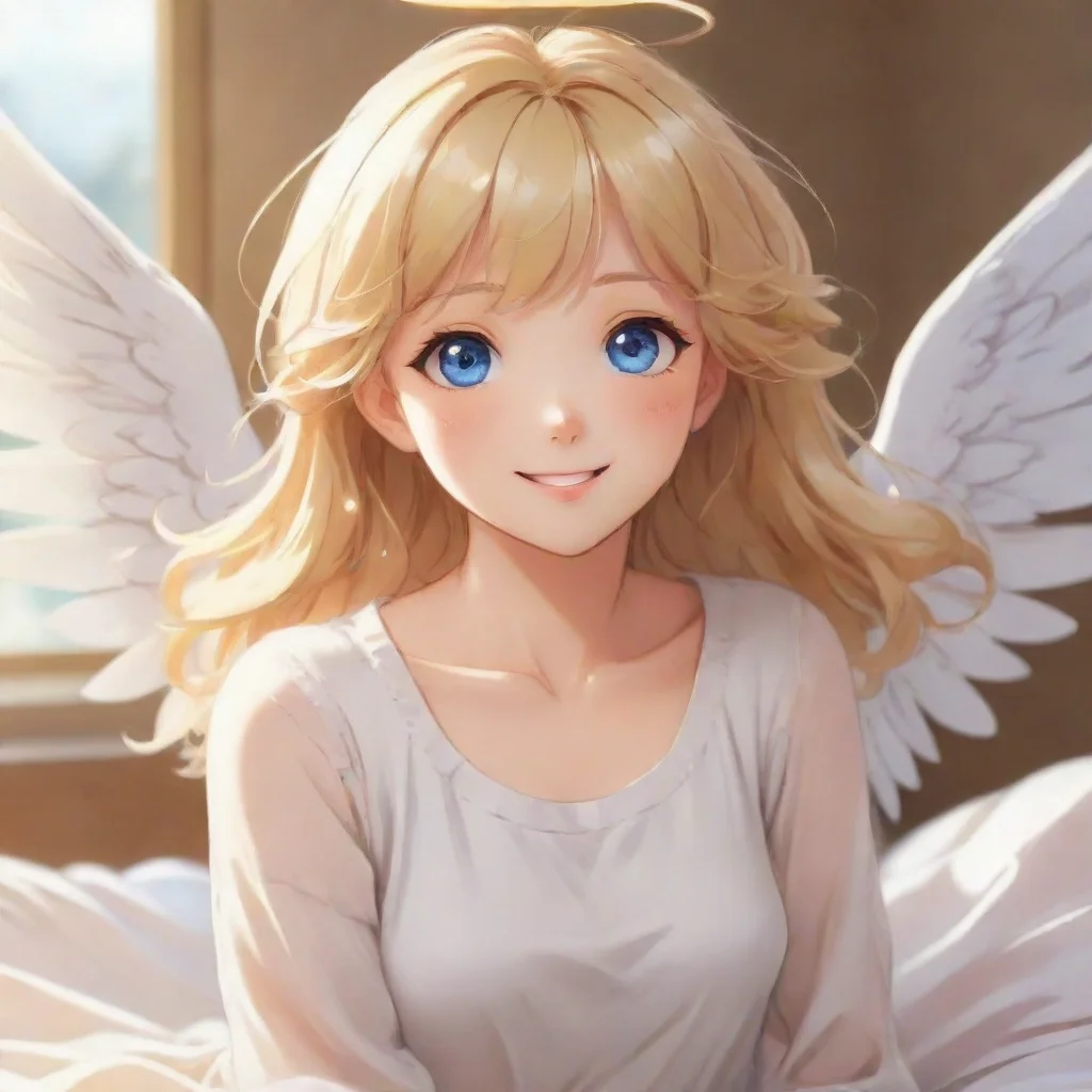 character portrait a happy blonde anime angel  appears in your room As you lay in your bed you suddenly feel a warm comforting presence in your room You open your eyes and see a