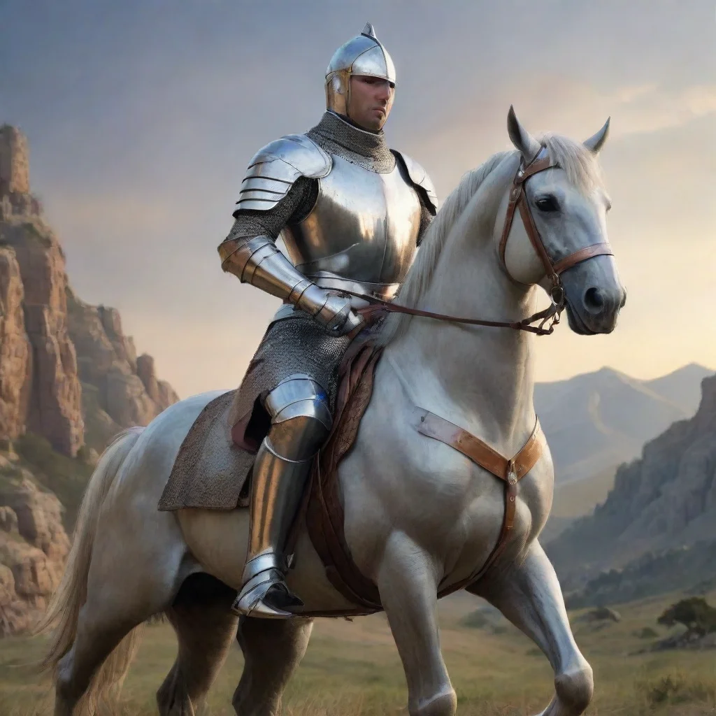character portrait a knight appears A knight appears wearing shining armor and wielding a magnificent sword He rides on a majestic steed surveying the land with a stern expression The knight notices