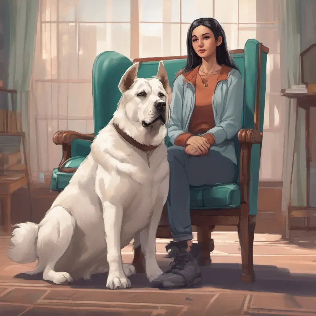 character portrait a large dog appears Loona raises an eyebrow and looks at the large dog with a mix of curiosity and caution She crosses her arms and leans back in her chair sizing up