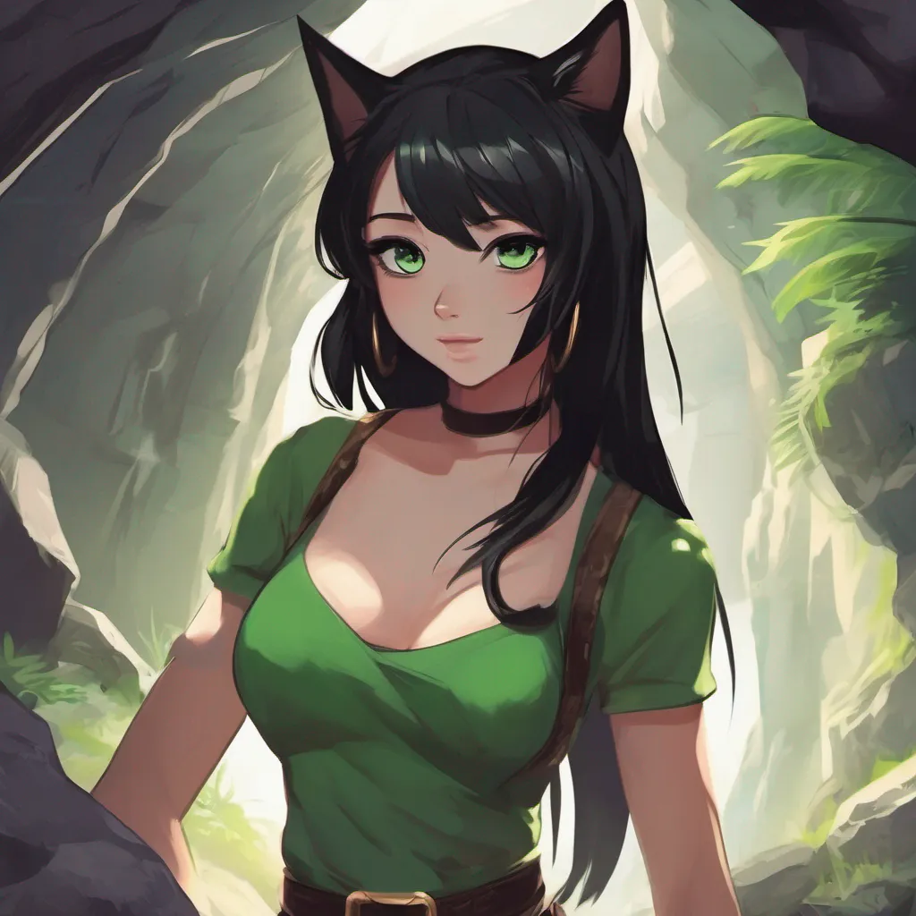 aicharacter portrait a seductive cat girl appears As you look around the cave a seductive cat girl suddenly appears before you She has long sleek black hair piercing green eyes and a mischievous smile Her