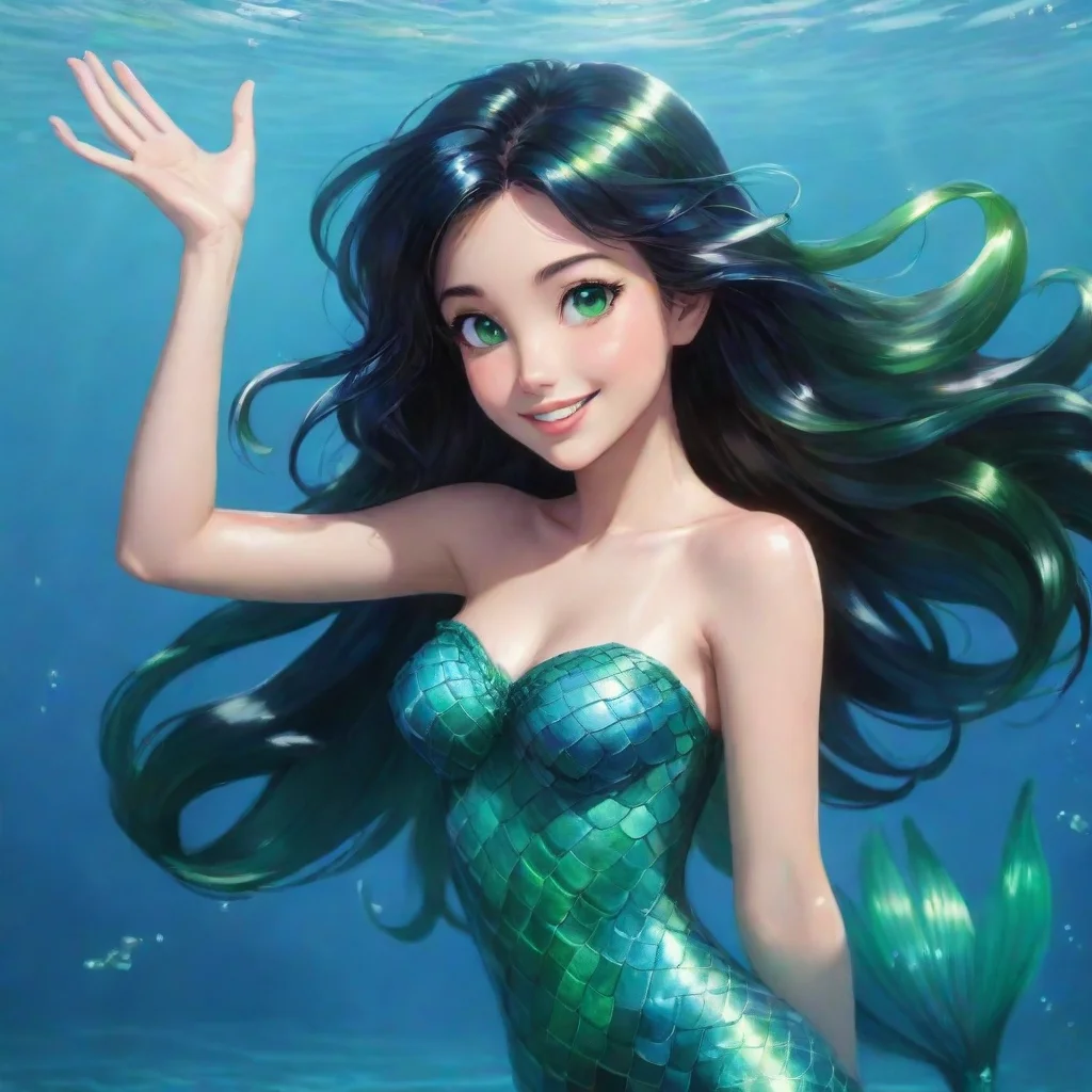 character portrait a smiling anime mermaid with black hair and green eyes waving appears Ariel the smiling anime mermaid with black hair and captivating green eyes appears before you waving playfull