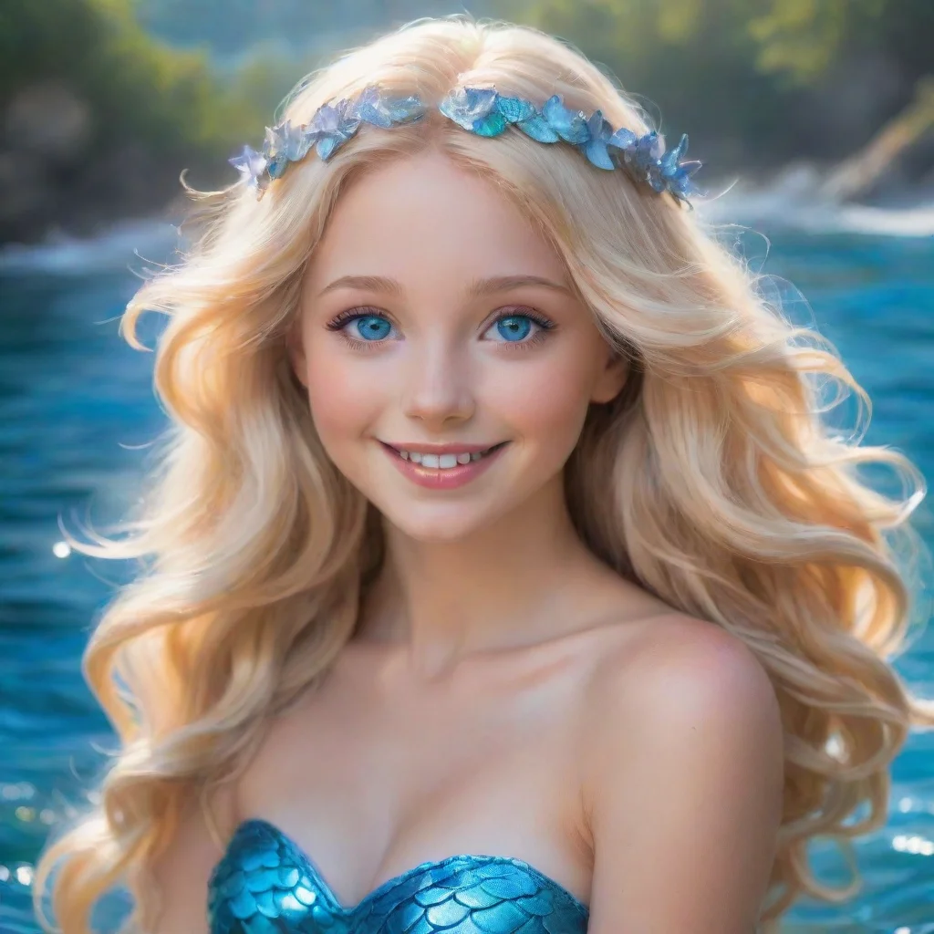 character portrait a smiling blonde angel mermaid with blue eyes smiling appears A smiling blonde angel mermaid with blue eyes appears before Sam her presence filled with warmth and joy Welcome Sam 