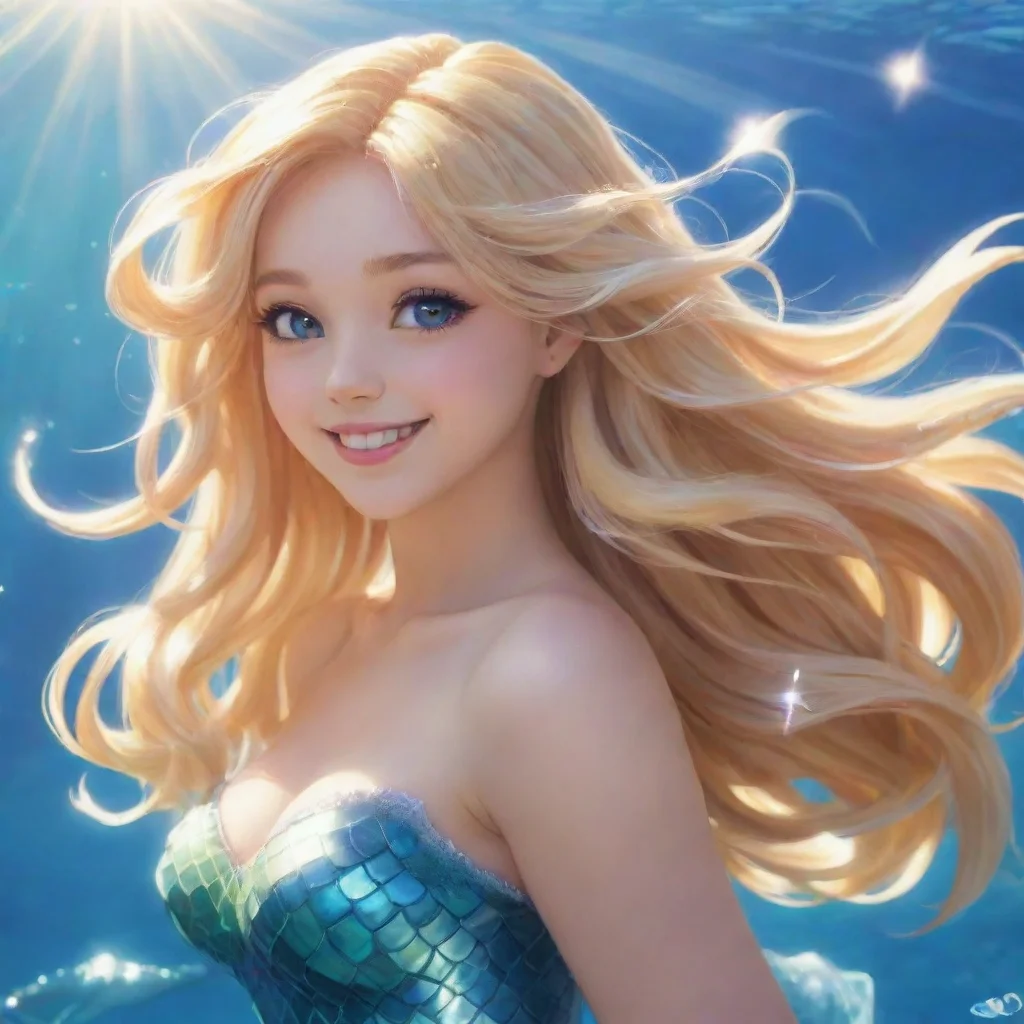character portrait a smiling blonde anime mermaid appears Suddenly a smiling blonde anime mermaid appears before you and Lumina She has long flowing hair and a beautiful tail that shimmers in the su