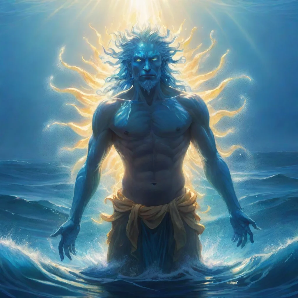 character portrait a speculative toony  water god sea appears As you emerged from the light you found yourself in a vast ocean surrounded by the deep blue waters The sun shone brightly above casting