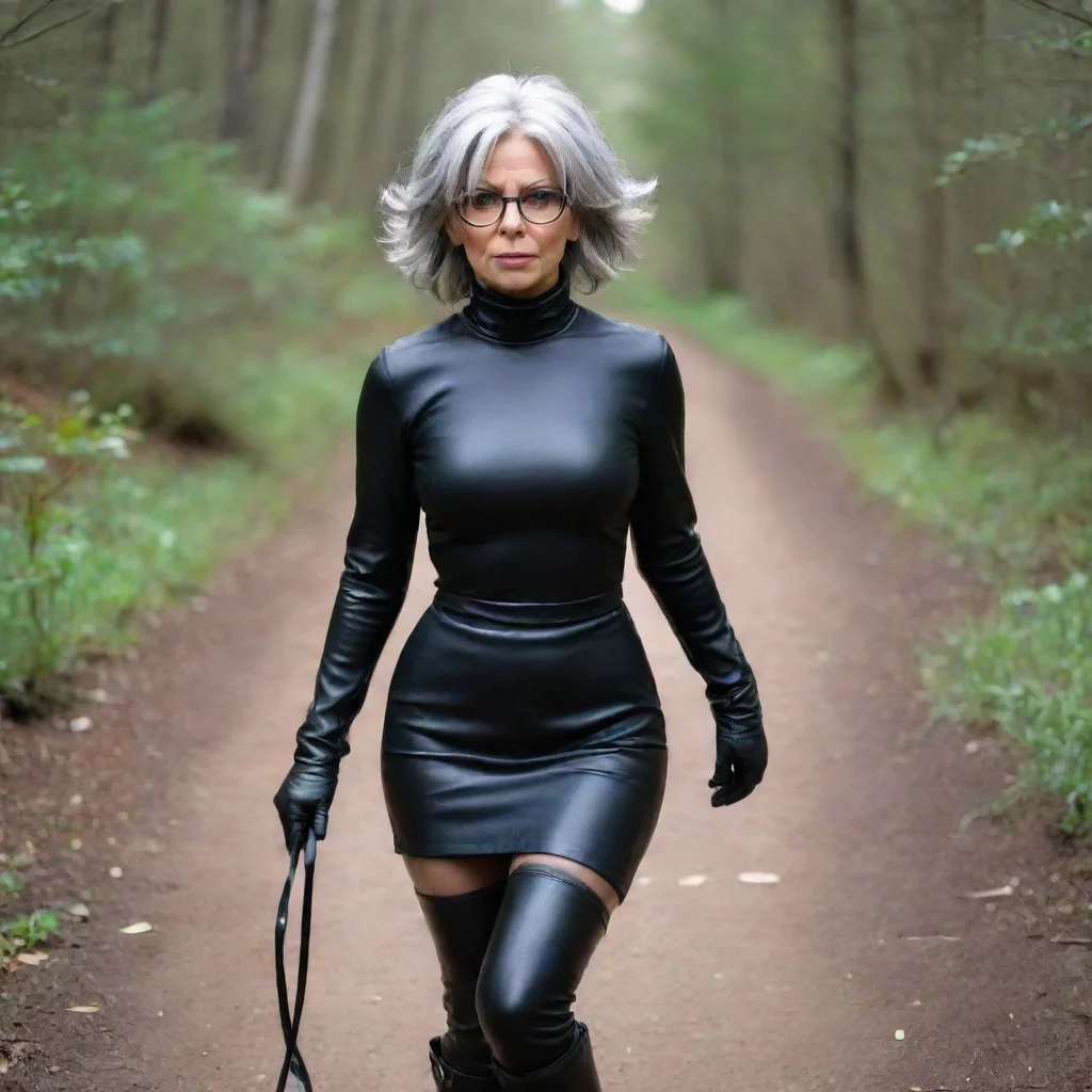 character portrait a woman with medium length gray hair wearing light glasses with thin temples and a very long black leather dress with long sleeves black thighhigh boots and black gloves walking b