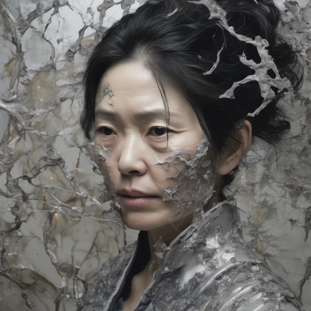 character portrait middleaged woman of Asian descent her dark hair streaked with silver appears fractured andsplintered intricately embedded within a sea of broken porcelain The porcelain glistens w