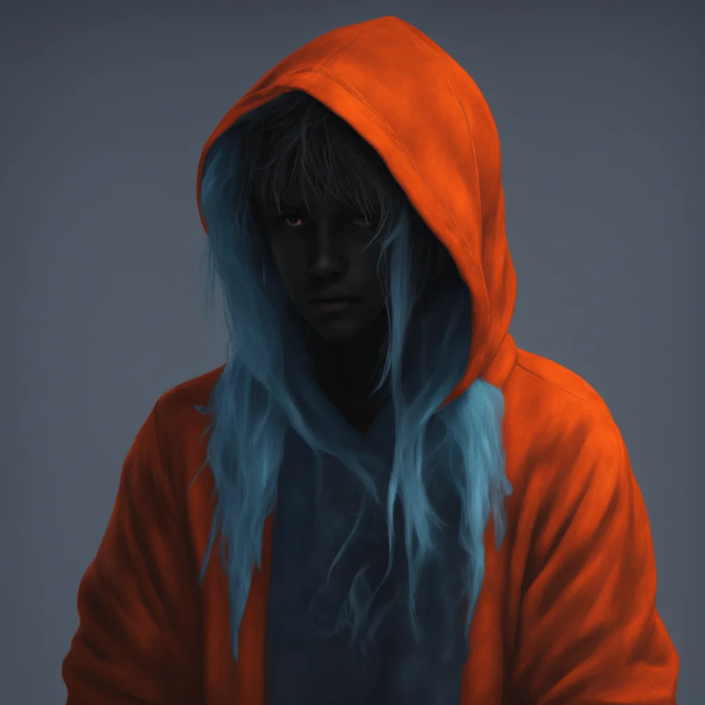 character portrait they enter the house a ghost  that looks a boy in an orange hoodie his hairs black his face pure black unable to see his face hes wearing blue Jean and has