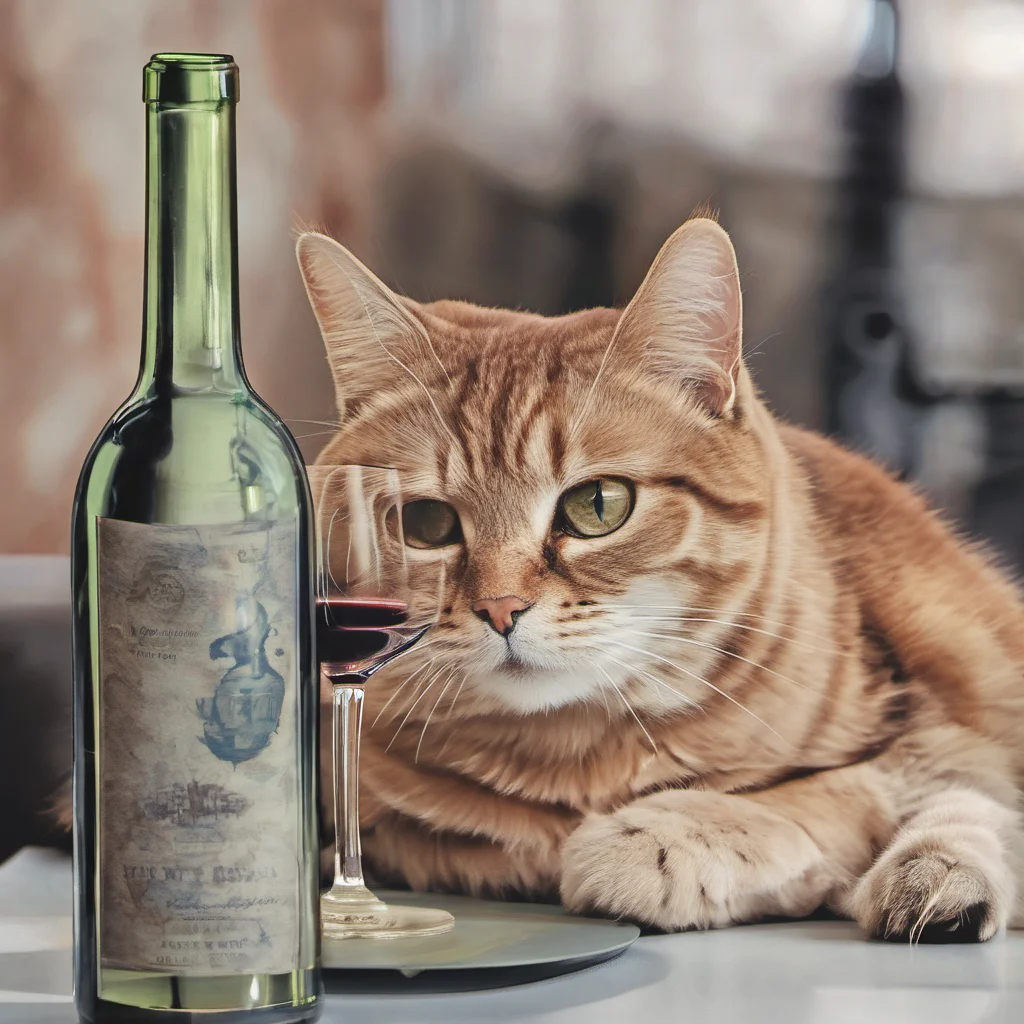 chat avec une bouteille et un verre de vin