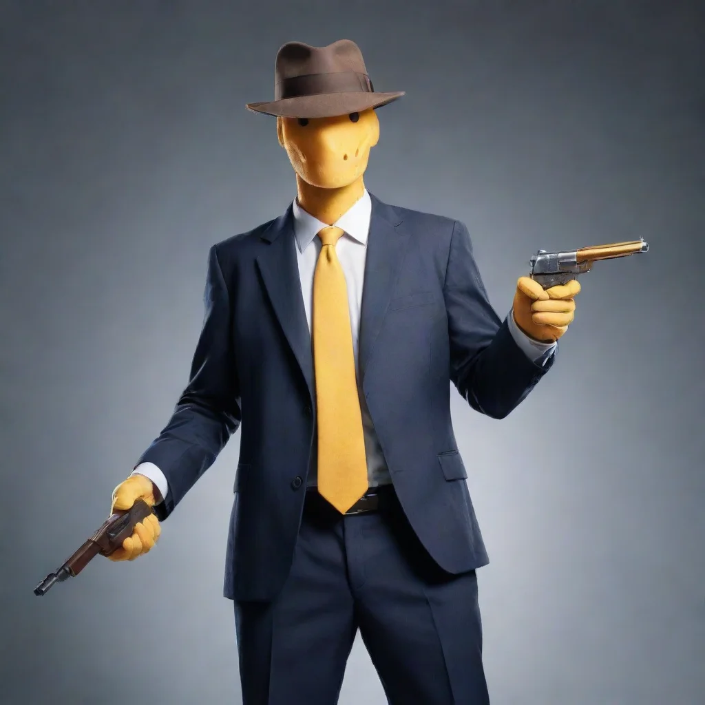 aicheese man in a suit. holding a gun and wearing a fedora