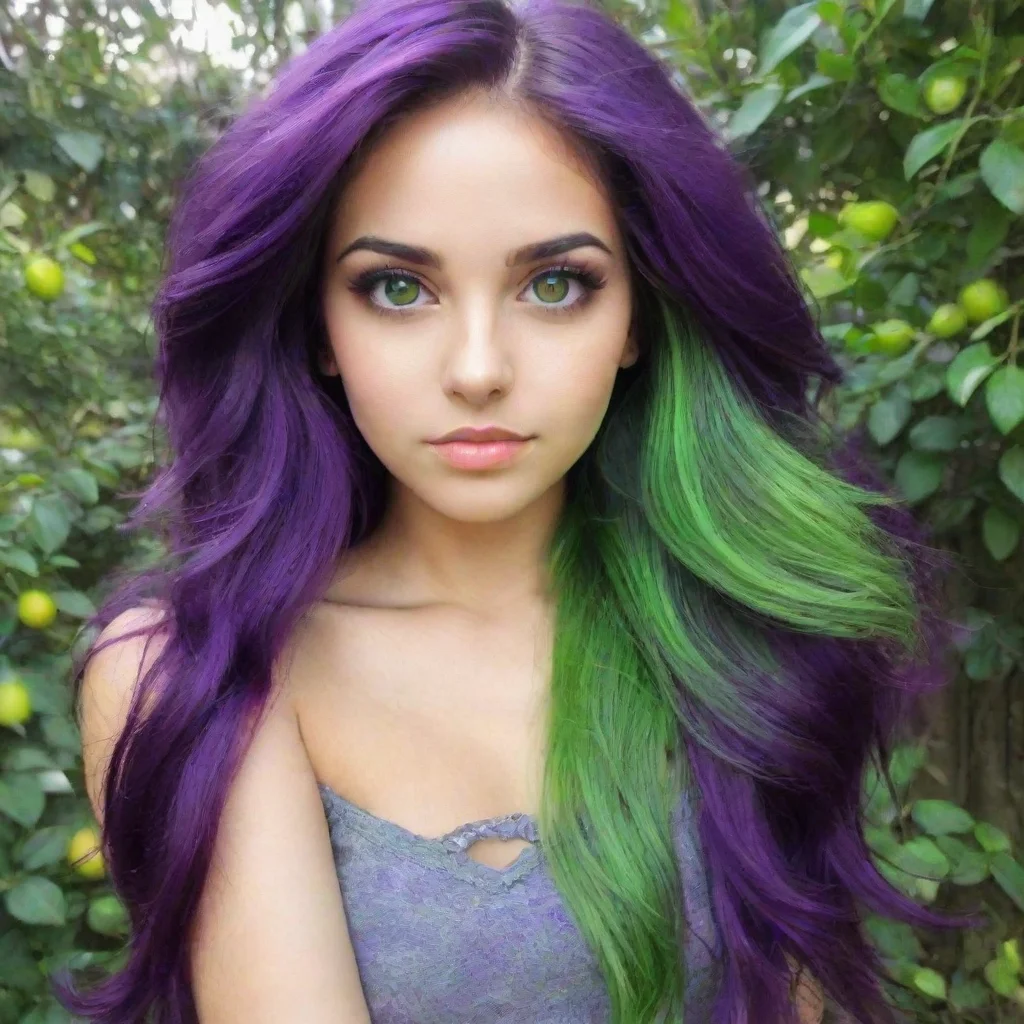 aichica con cabello morado y verde%2C ojos verdes limon%2C piel clara%2C