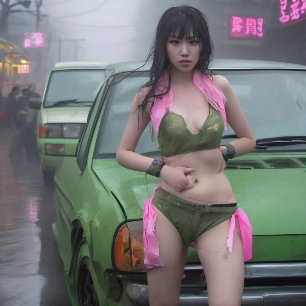 aichinese bikini girl pink boots swith her scratched old green nissan foggy  rainy smog city amazing awesome portrait 2