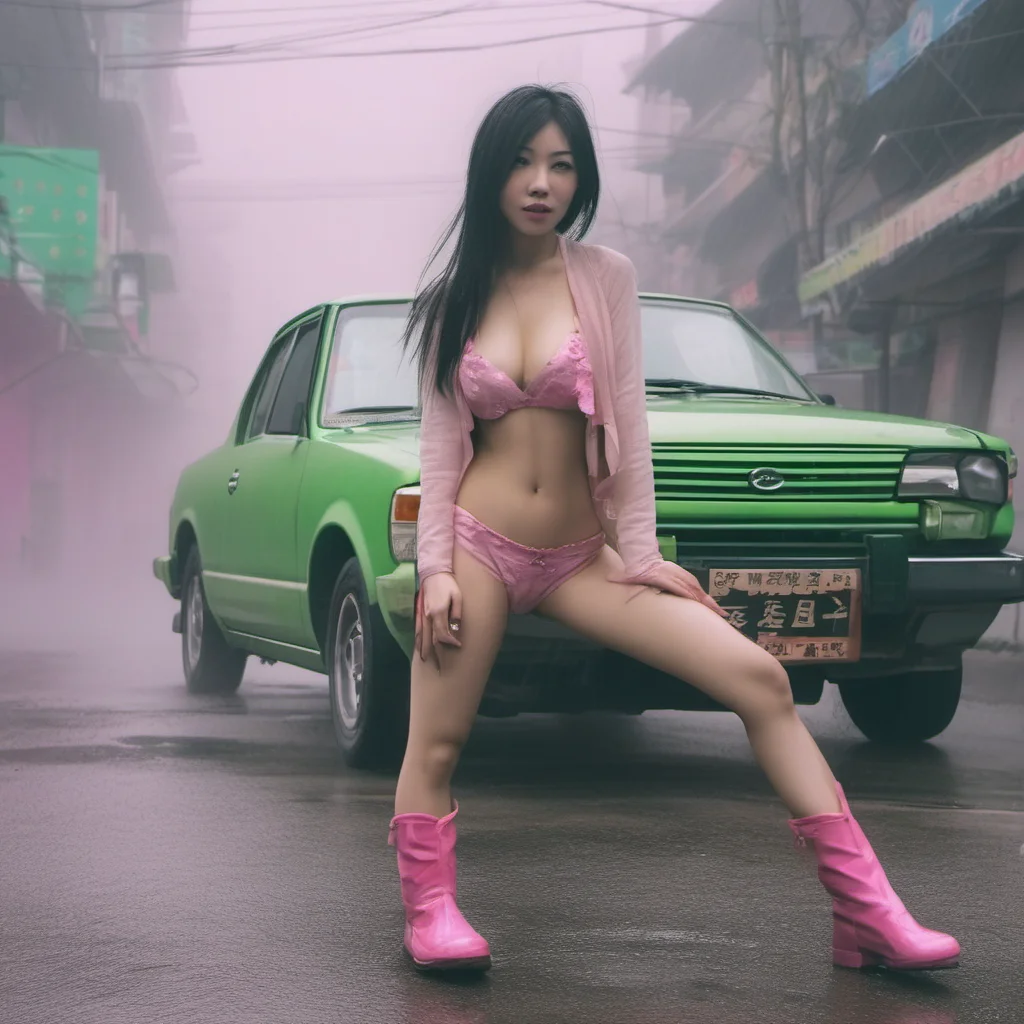 chinese bikini girl pink boots swith her scratched old green nissan foggy  rainy smog city confident engaging wow artstation art 3