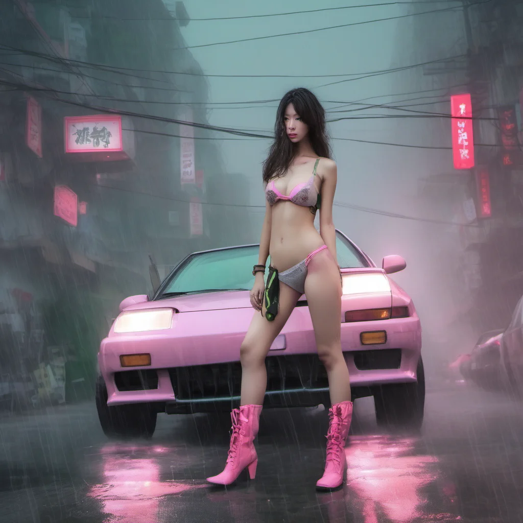 chinese bikini girl pink boots swith her scratched old green nissan foggy  rainy smog city good looking trending fantastic 1