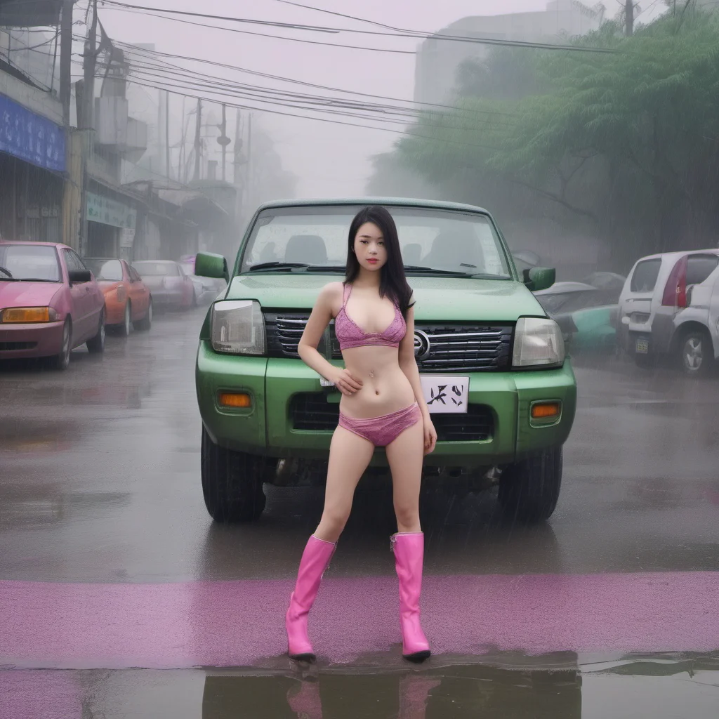 chinese bikini girl pink boots swith her scratched old green nissan foggy  rainy smog city