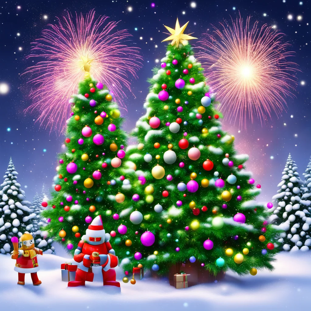 aichristmas tree%2C snow%2C fireworks%2C champagne%2C hugging robot and dragon amazing awesome portrait 2