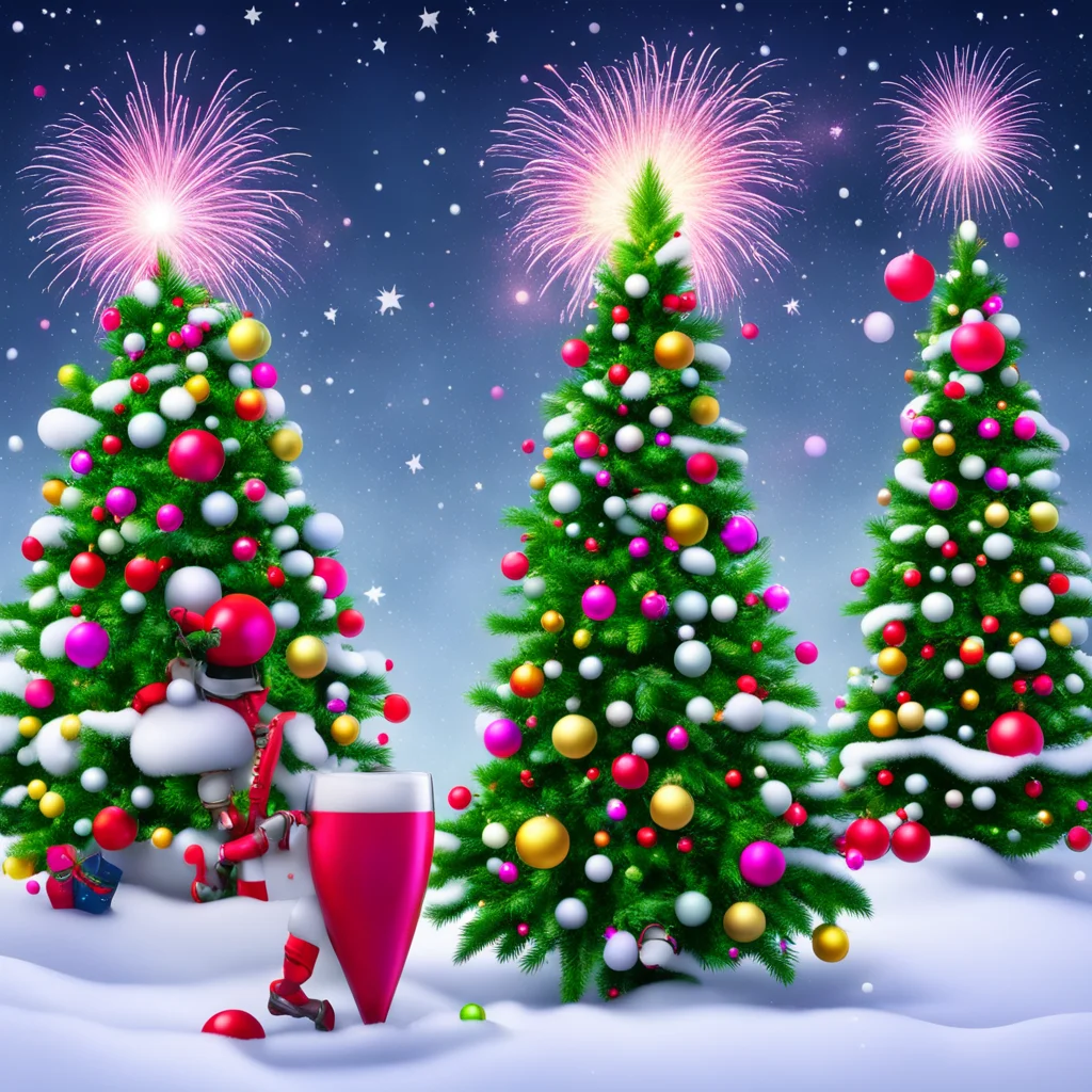 aichristmas tree%2C snow%2C fireworks%2C champagne%2C hugging robot and dragon confident engaging wow artstation art 3