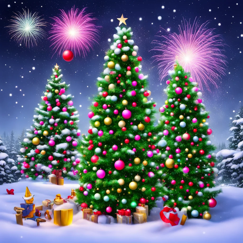 aichristmas tree%2C snow%2C fireworks%2C champagne%2C hugging robot and dragon