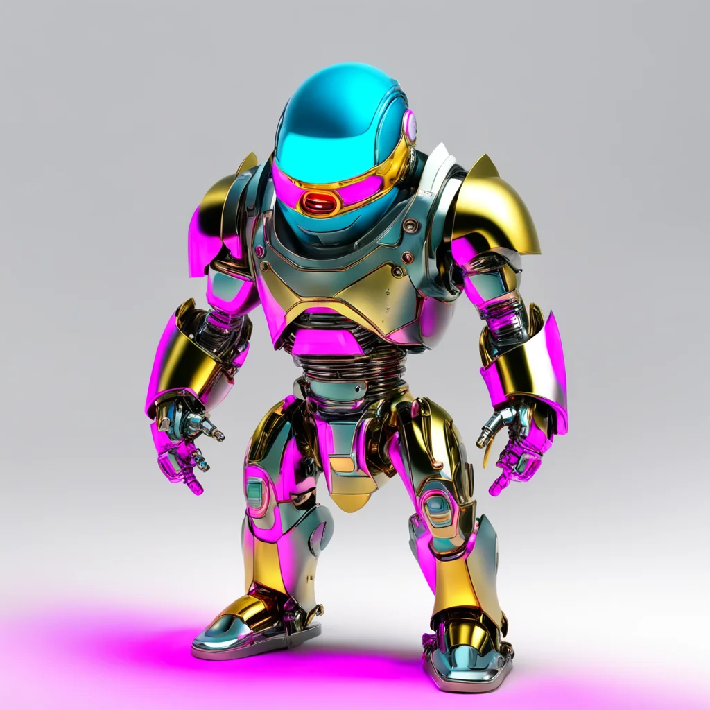 chromed light blue and gold ninja robot knight with red pink glowing cyclops mono eye amazing awesome portrait 2
