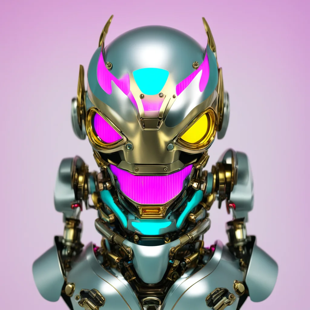 chromed light blue and gold ninja robot knight with red pink glowing cyclops mono eye good looking trending fantastic 1